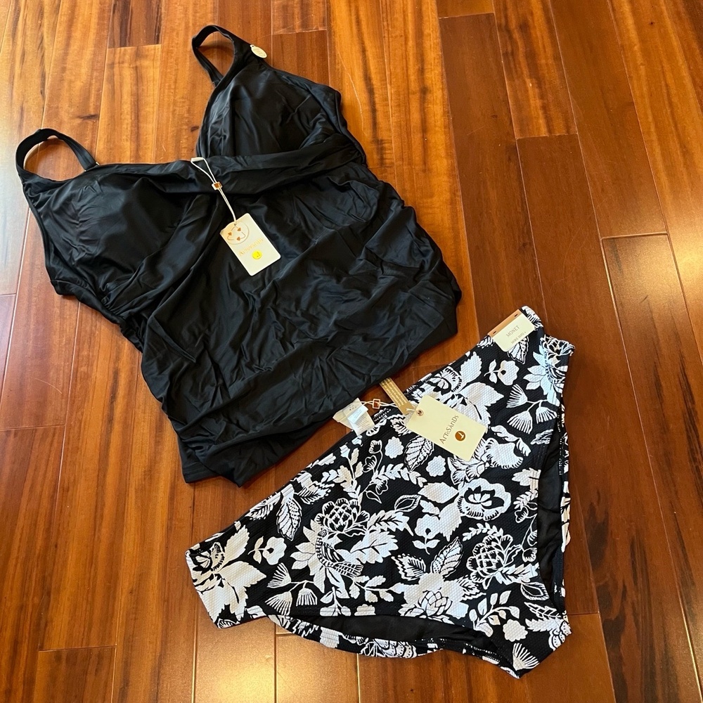 New NWT ArteSands Black Tankini Two Piece Swimsuit Floral Monet Delacroix Sz 20